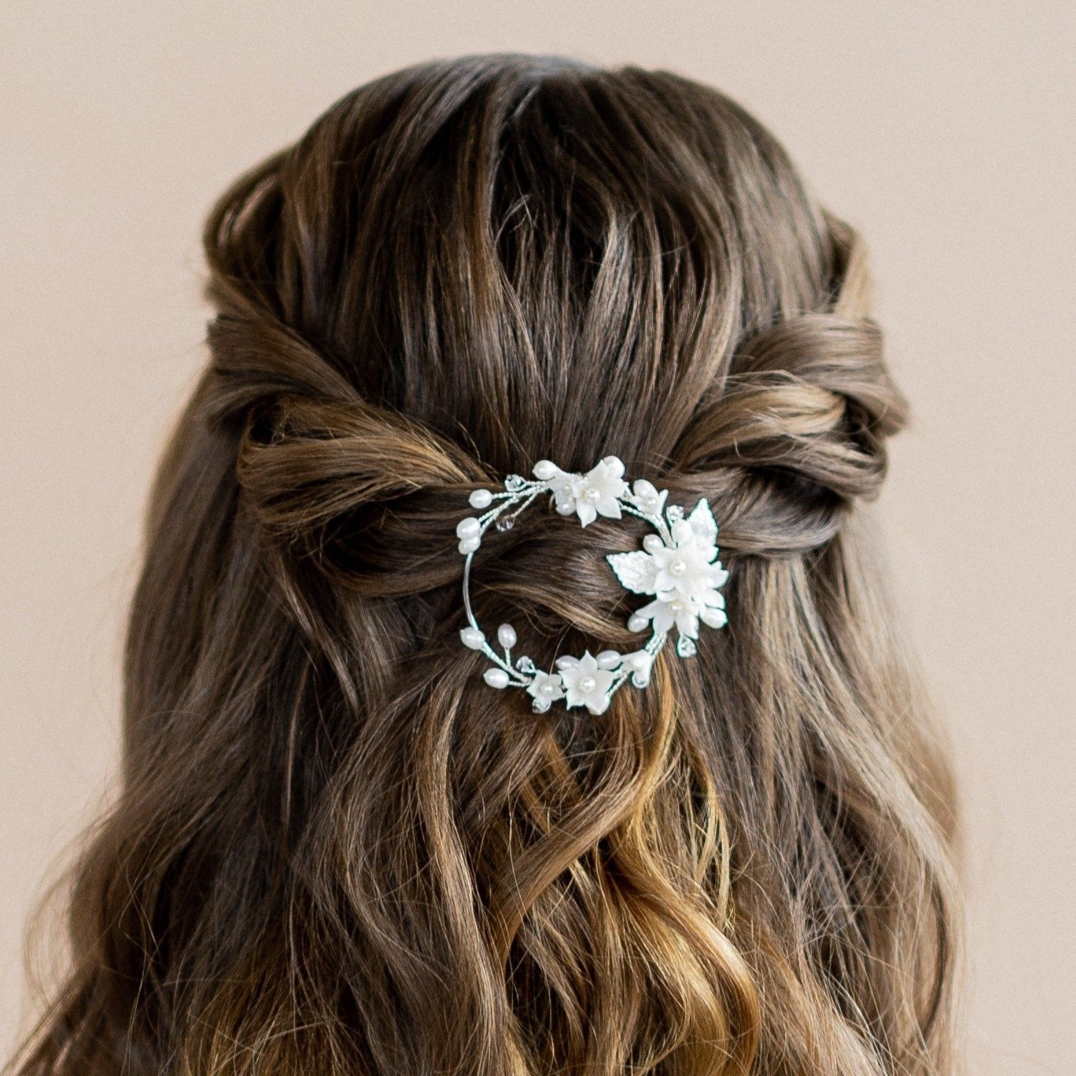 silver clay flower hair vine bridal hairclip with leaves, pearls and crystals . made in toronto canada by Blair nadeau bridal adornments